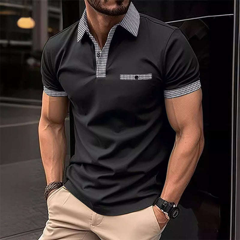 Men's short sleeve knit polo shirt with checkered trim