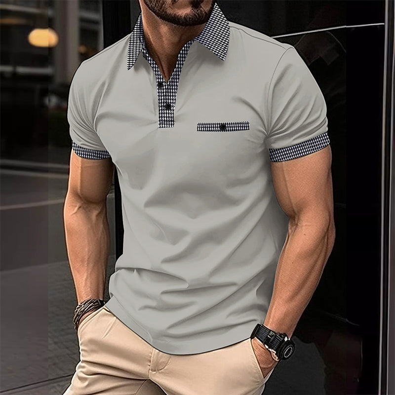 Men's short sleeve knit polo shirt with checkered trim