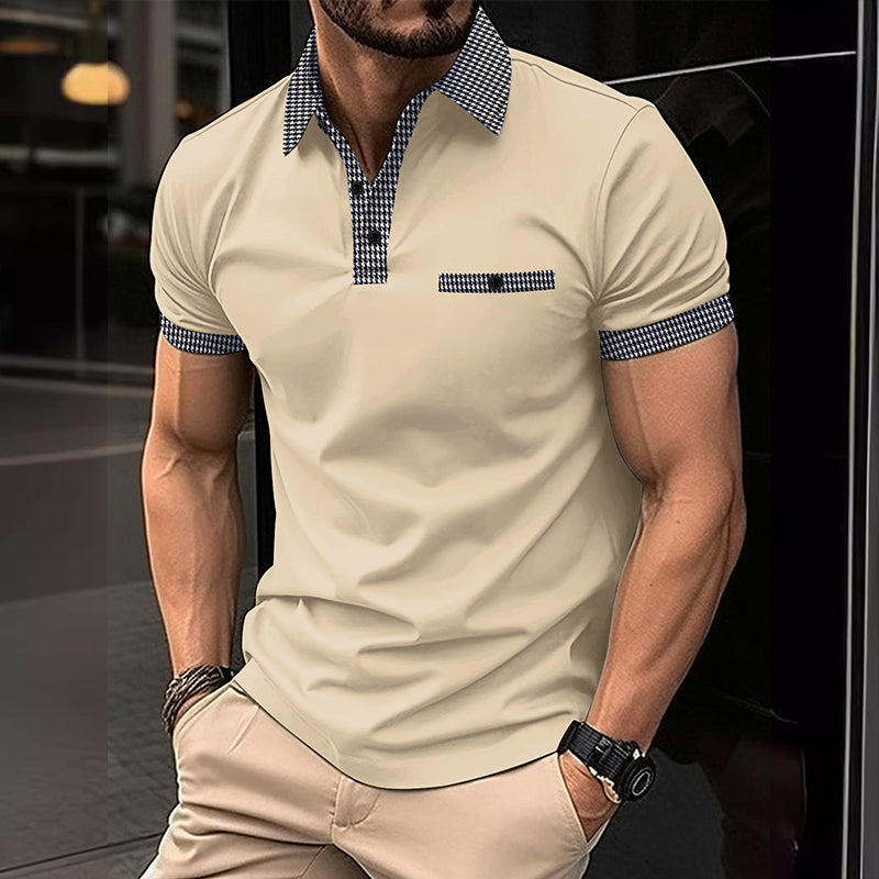 Men's short sleeve knit polo shirt with checkered trim