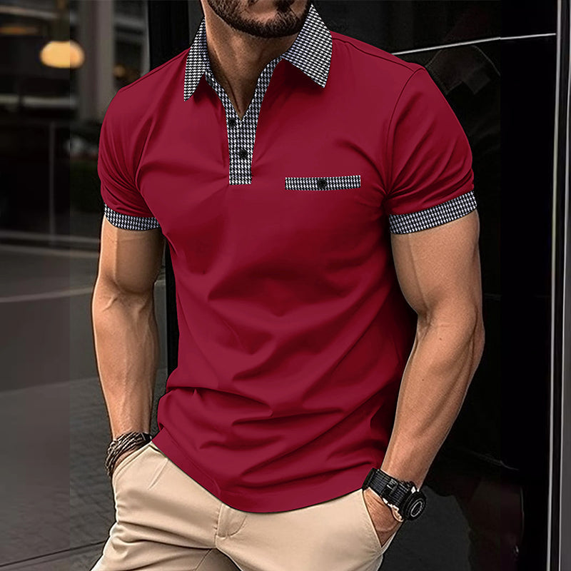 Men's short sleeve knit polo shirt with checkered trim