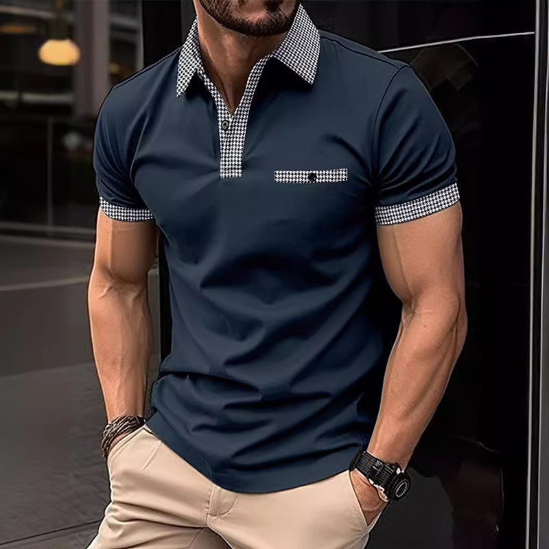 Men's short sleeve knit polo shirt with checkered trim