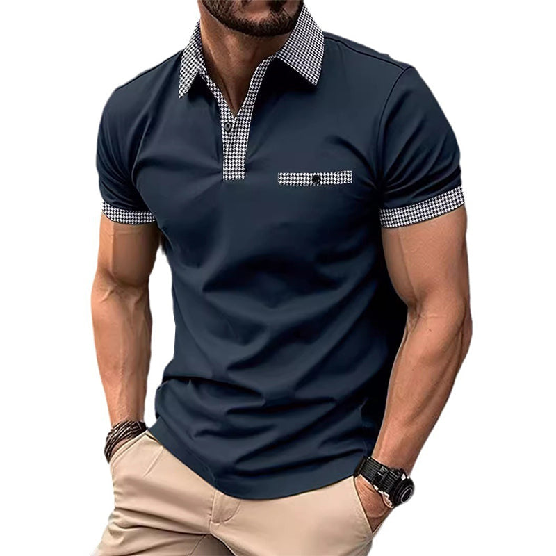 Men's short sleeve knit polo shirt with checkered trim