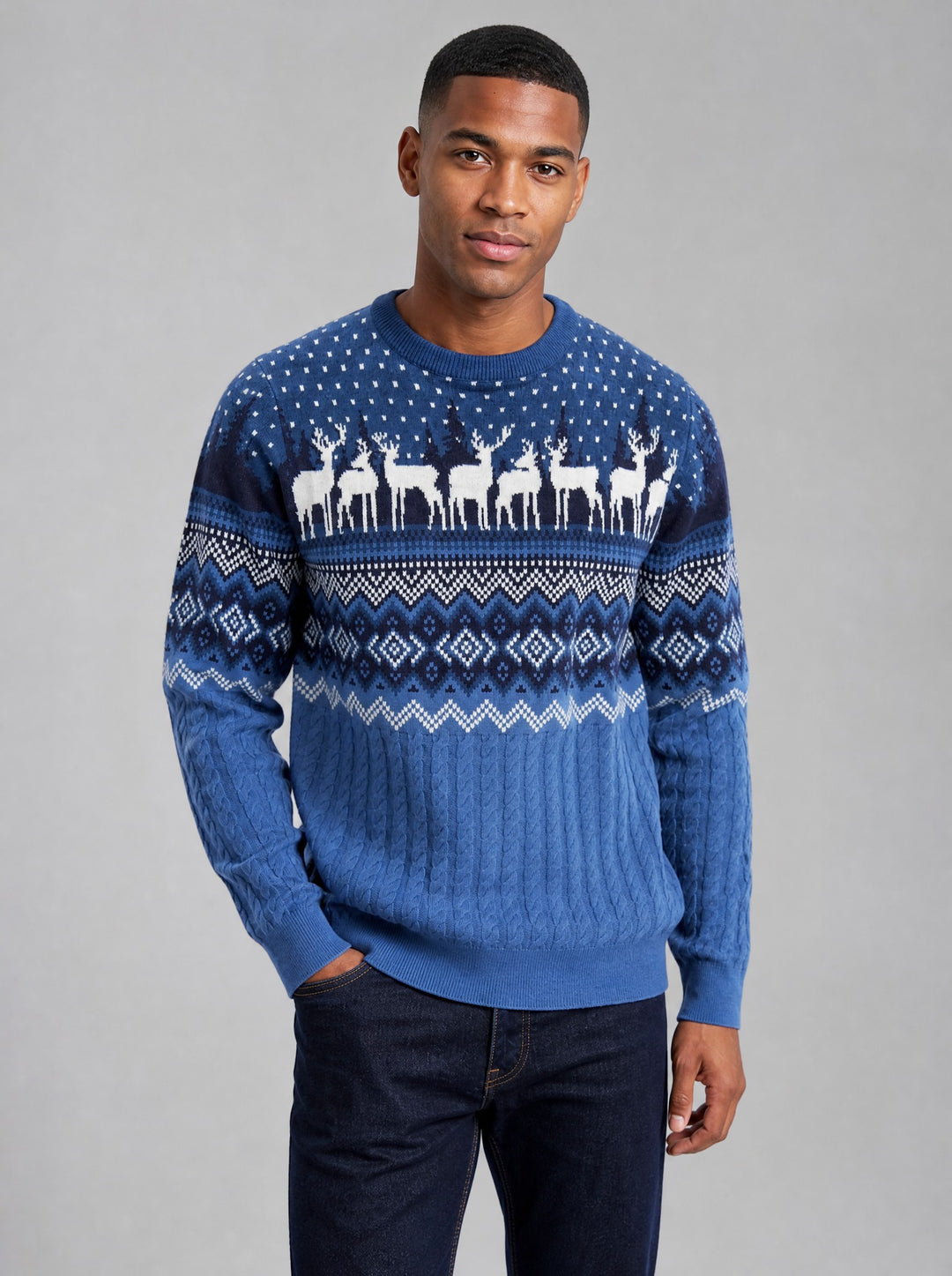 Men's Fair Isle Reindeer Christmas Jumper in blue
