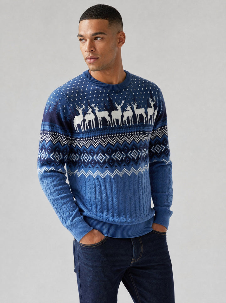 Men's Fair Isle Reindeer Christmas Jumper in blue
