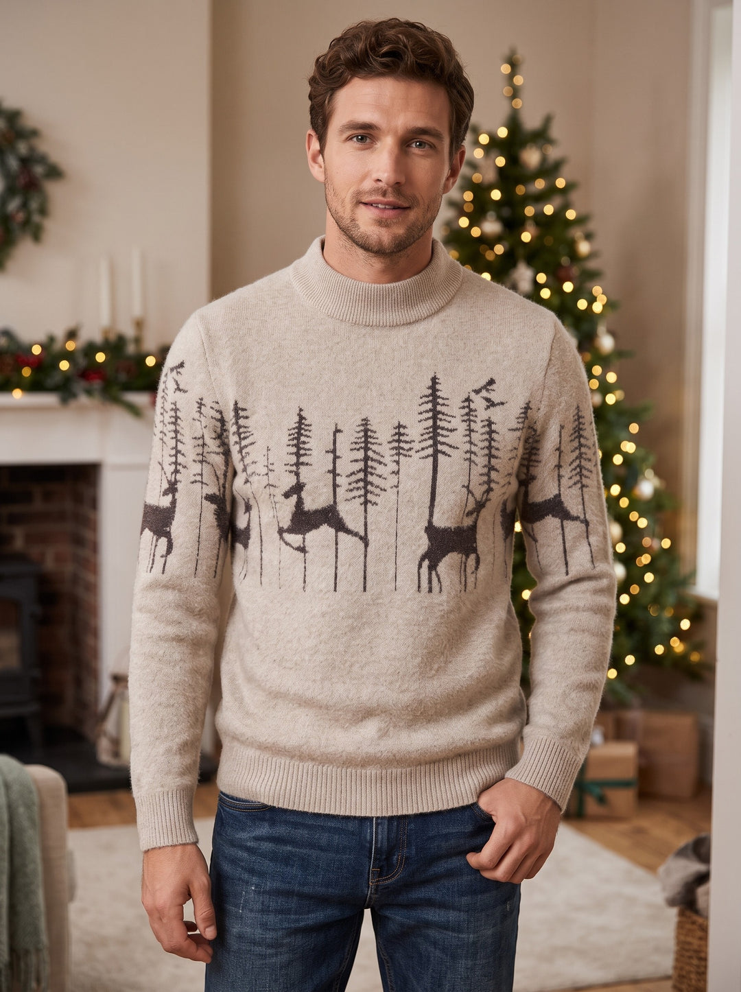 Men's Reindeer Christmas Jumper in beige