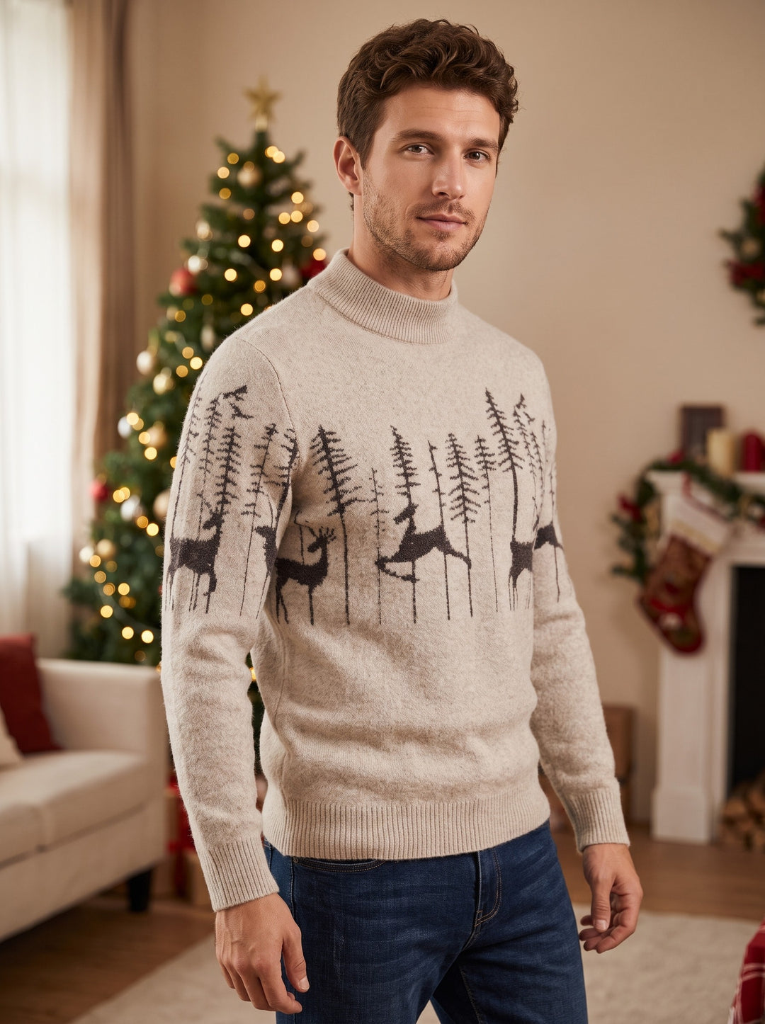 Men's Reindeer Christmas Jumper in beige