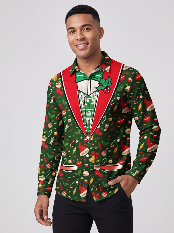 Men's Christmas Tuxedo Print Party Shirt in green