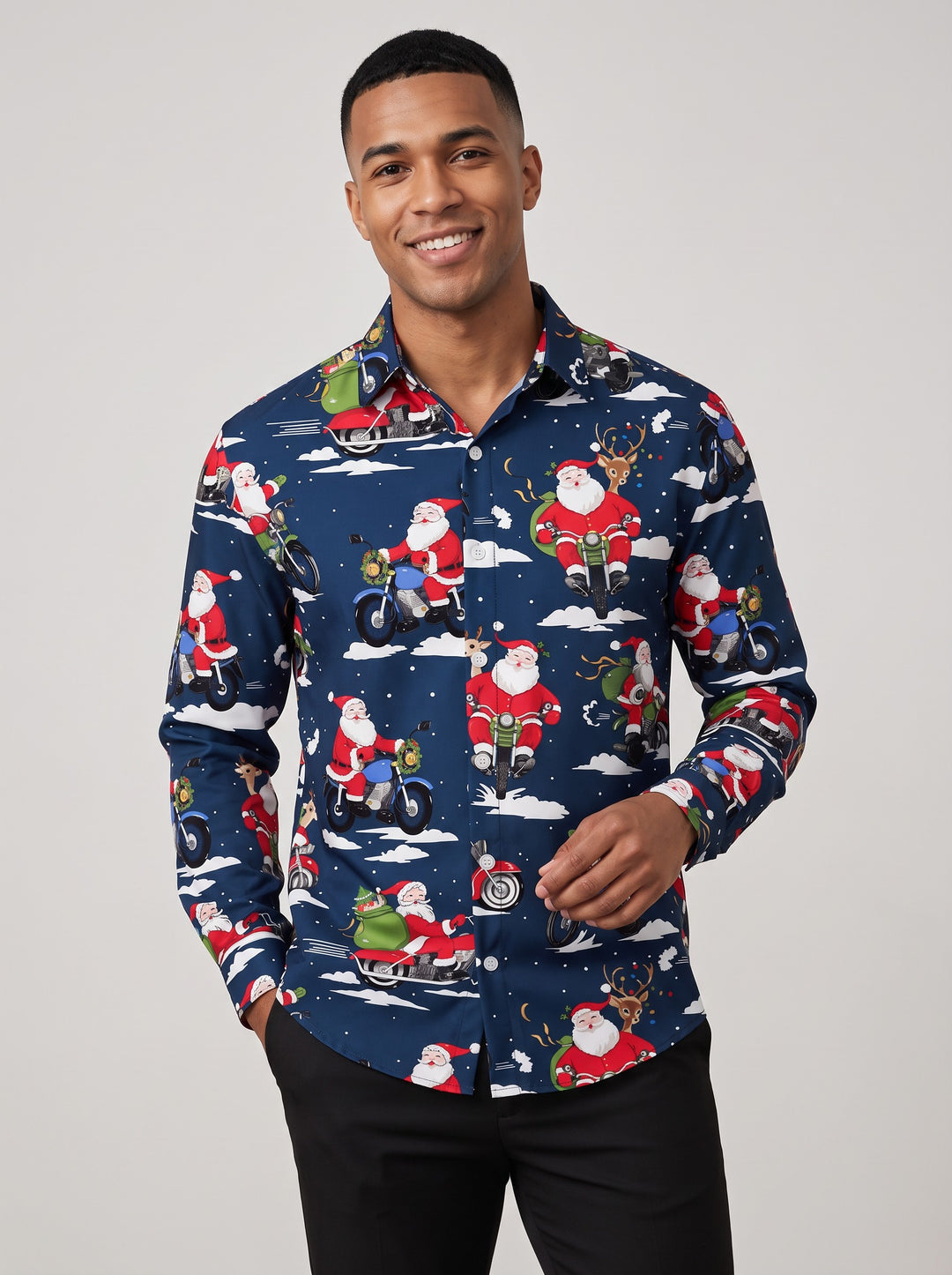 Men's Christmas Tuxedo Print Party Shirt in navy santa