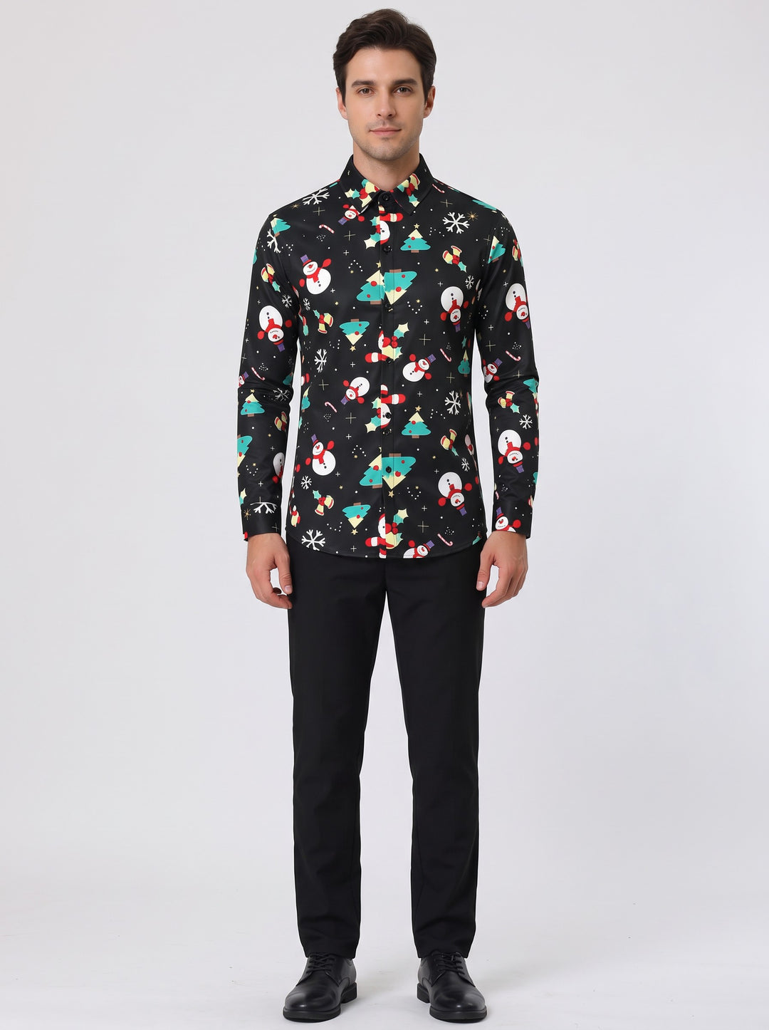 Men's Festive Christmas Print Shirt in black christmas tree