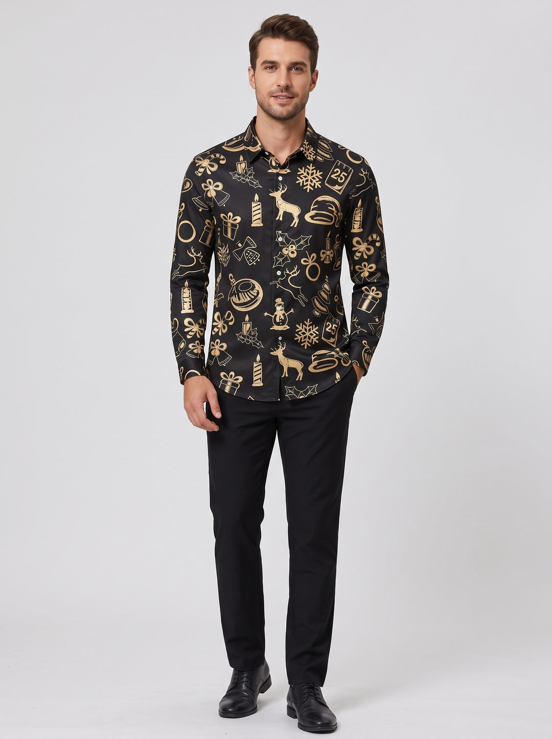 Men's Festive Christmas Print Shirt in black gold festive