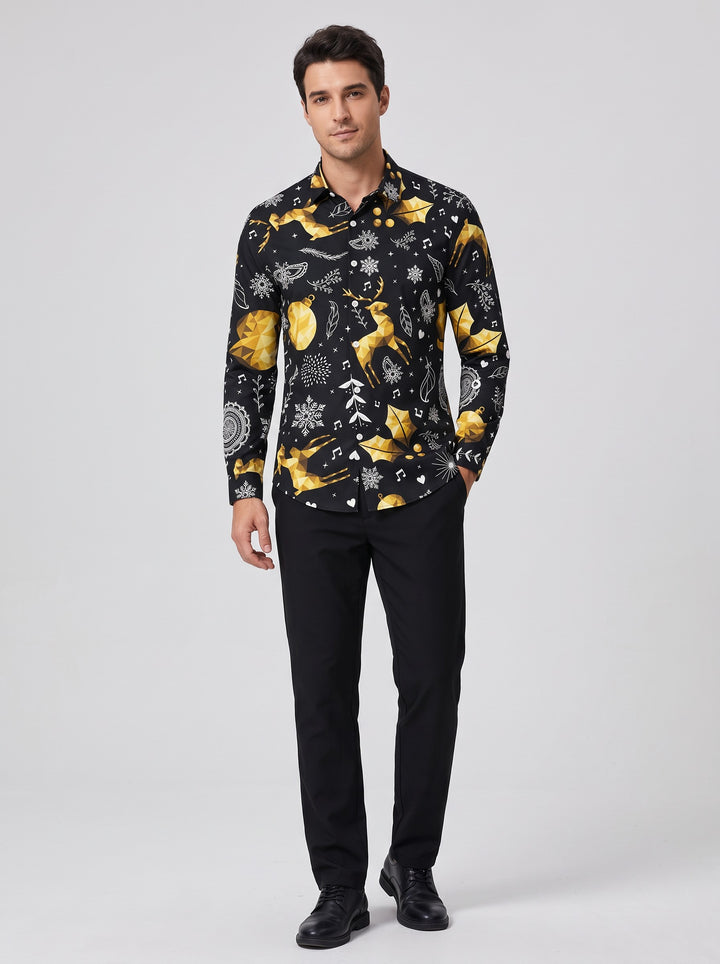 Men's Festive Christmas Print Shirt in black gold reindeer