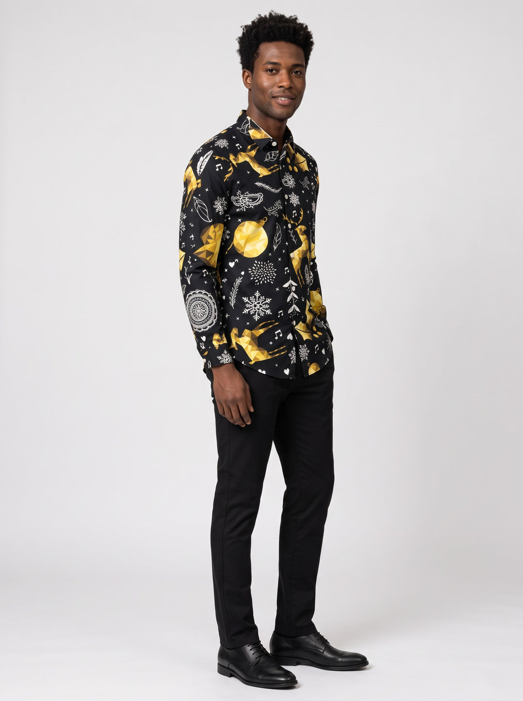 Men's Festive Christmas Print Shirt in black gold reindeer