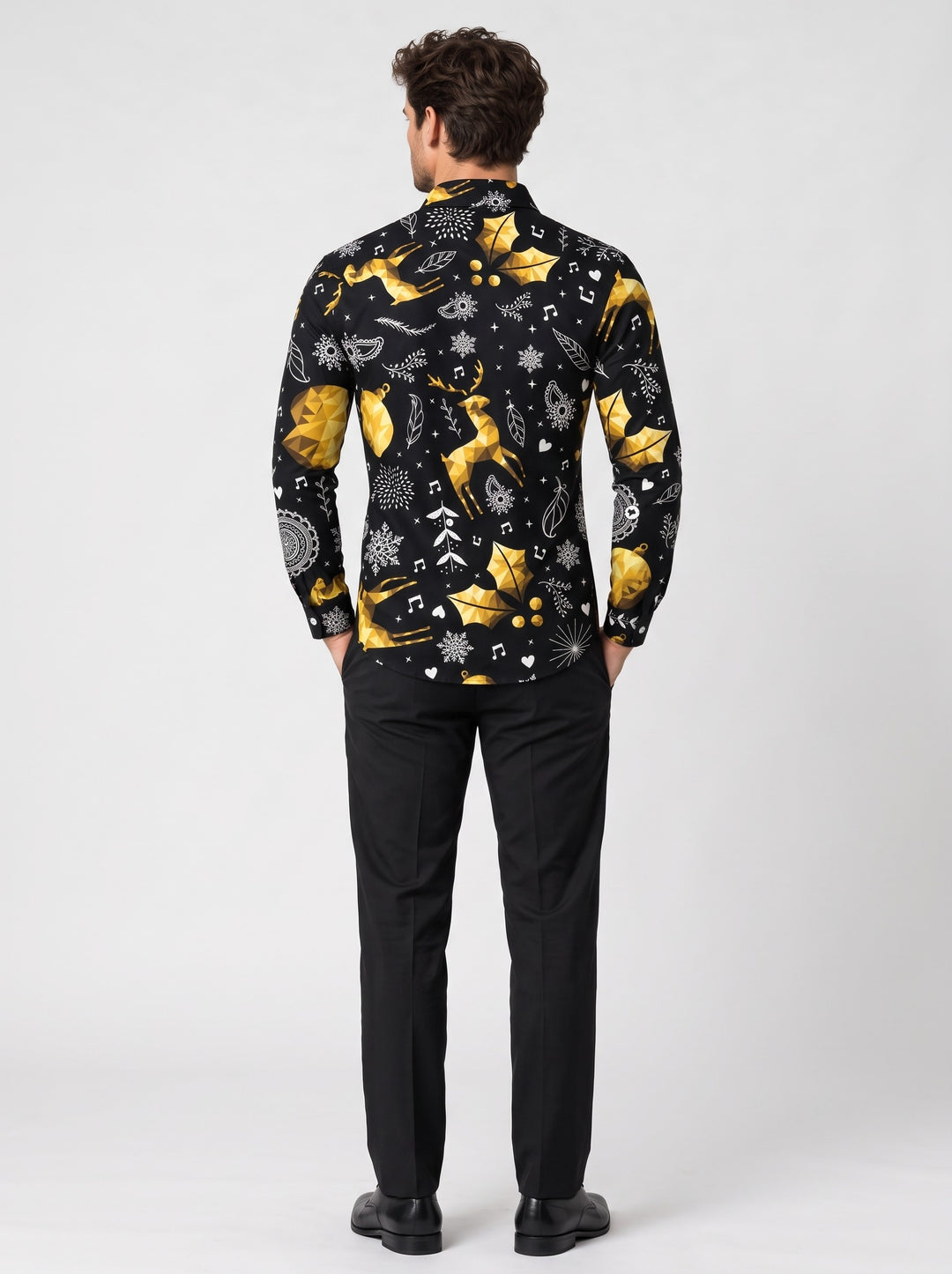 Men's Festive Christmas Print Shirt in black gold reindeer