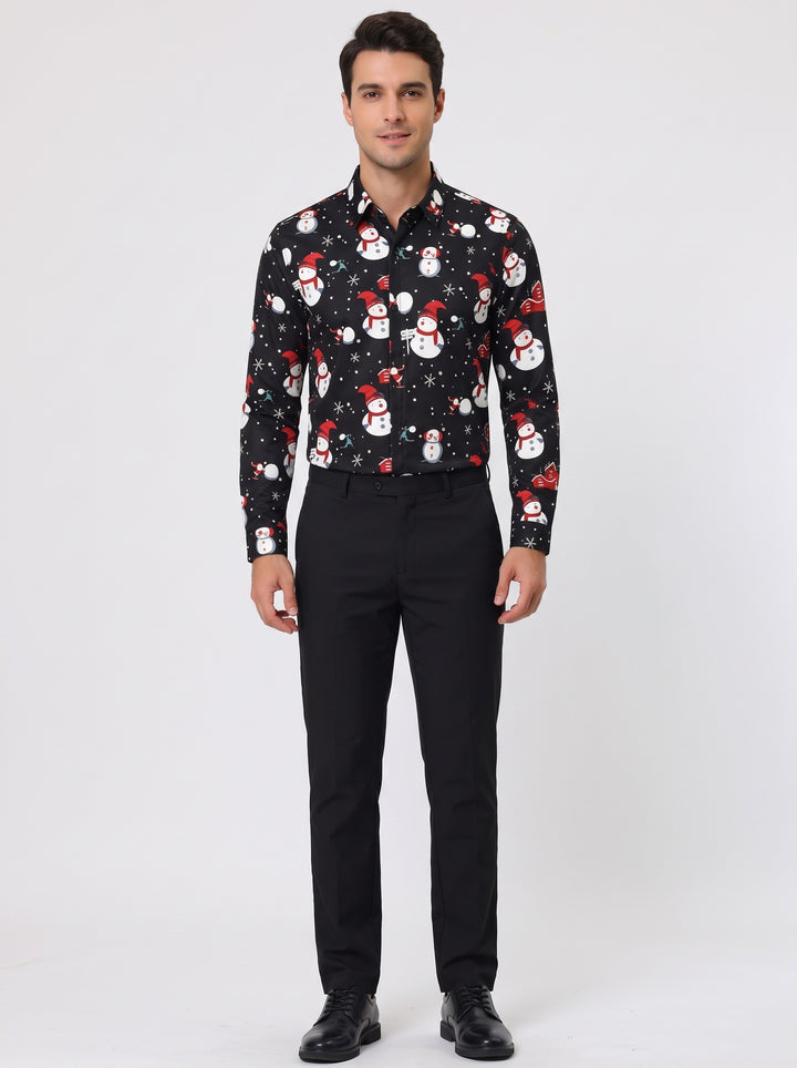 Men's Festive Christmas Print Shirt in black snowman