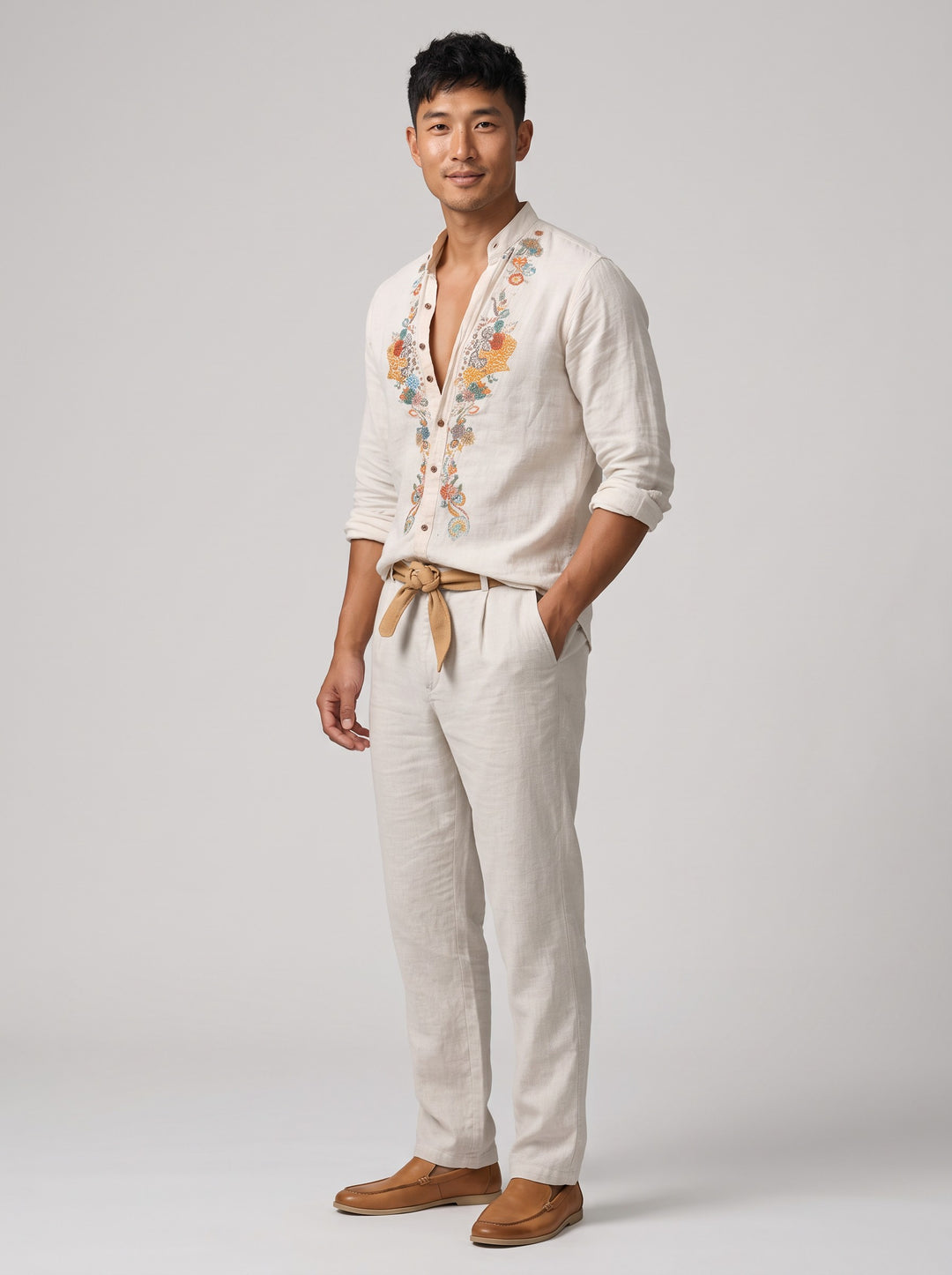 Men's Relaxed Floral Embroidered Linen-Look Shirt in white