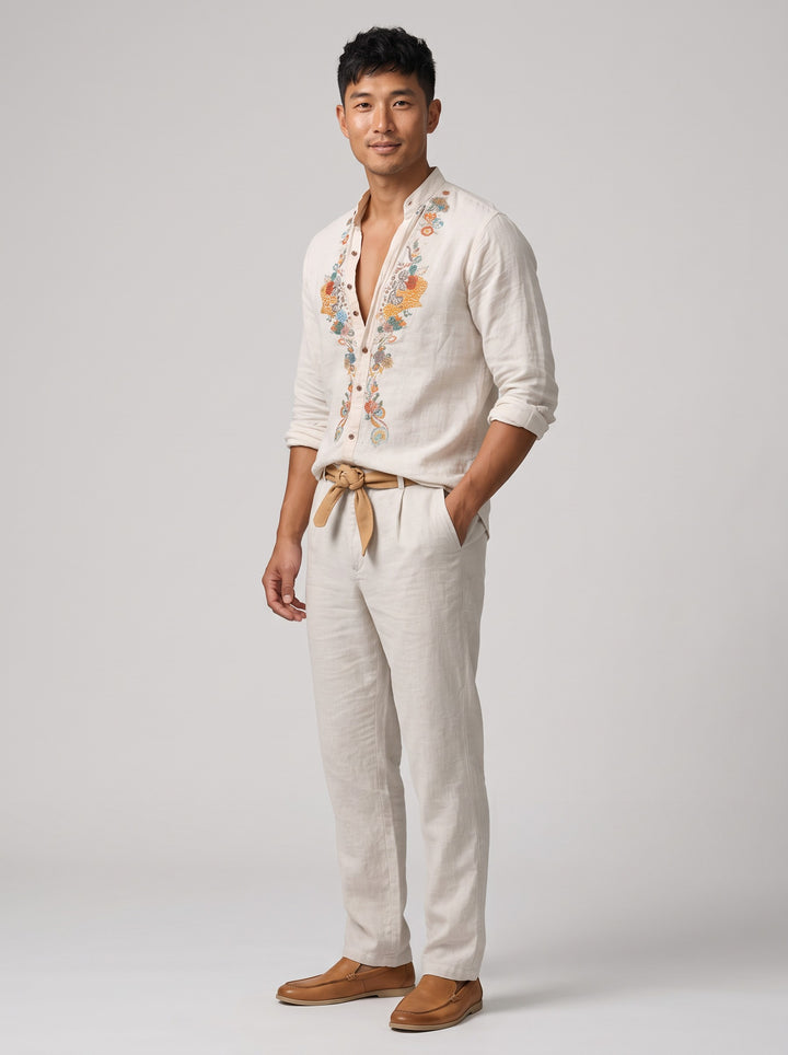 Men's Relaxed Floral Embroidered Linen-Look Shirt in white