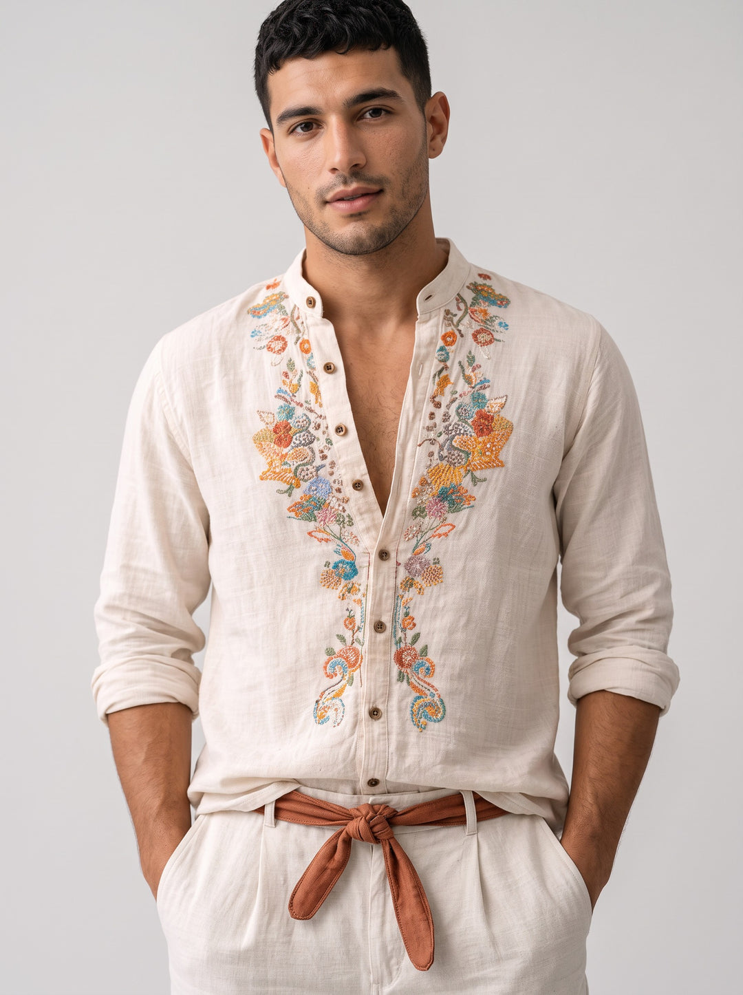 Men's Relaxed Floral Embroidered Linen-Look Shirt in white