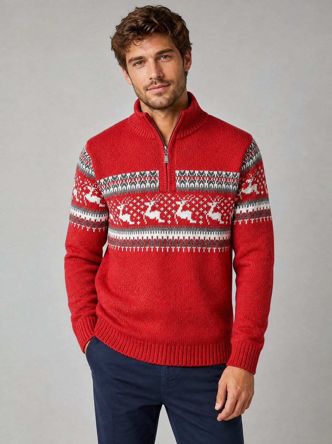 Men's Fair Isle Half-Zip Jumper in red