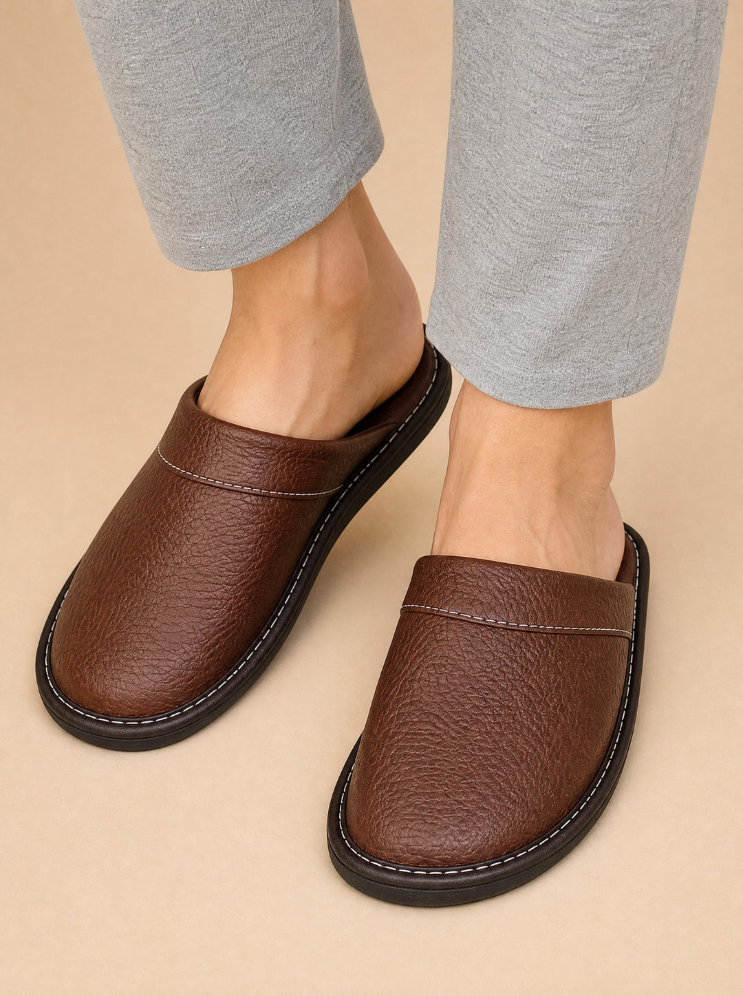 Men's Faux Leather House Slippers in brown