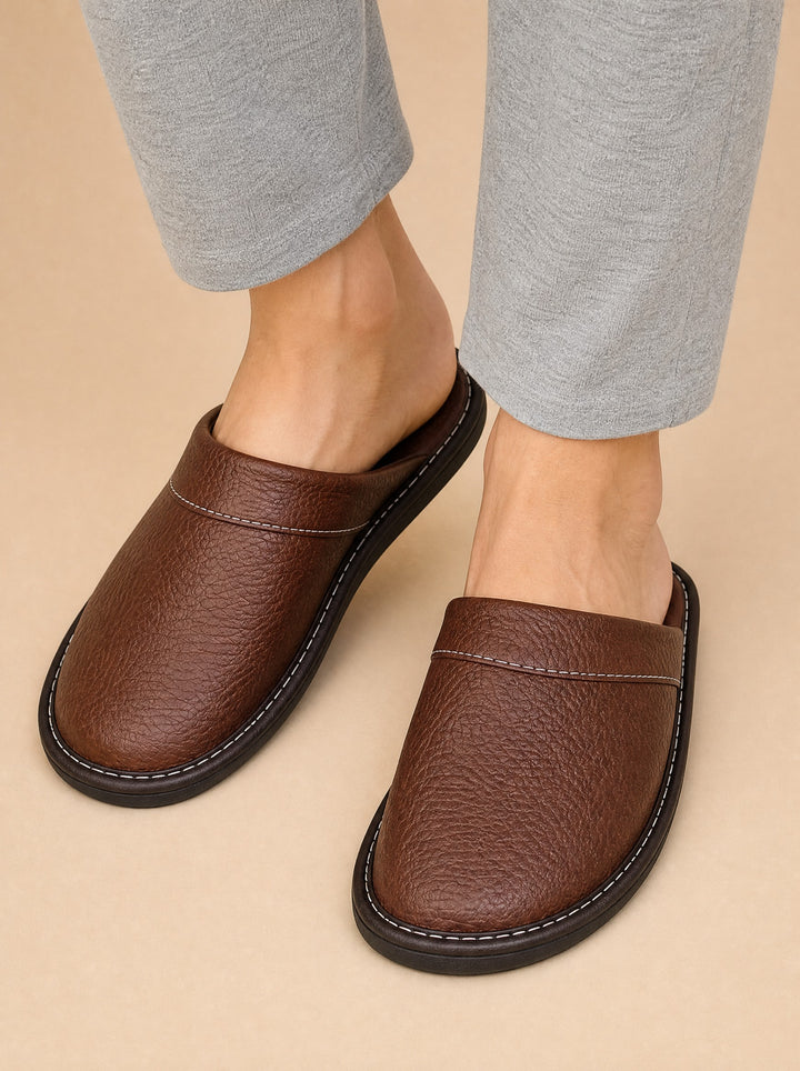 Men's Faux Leather House Slippers in brown