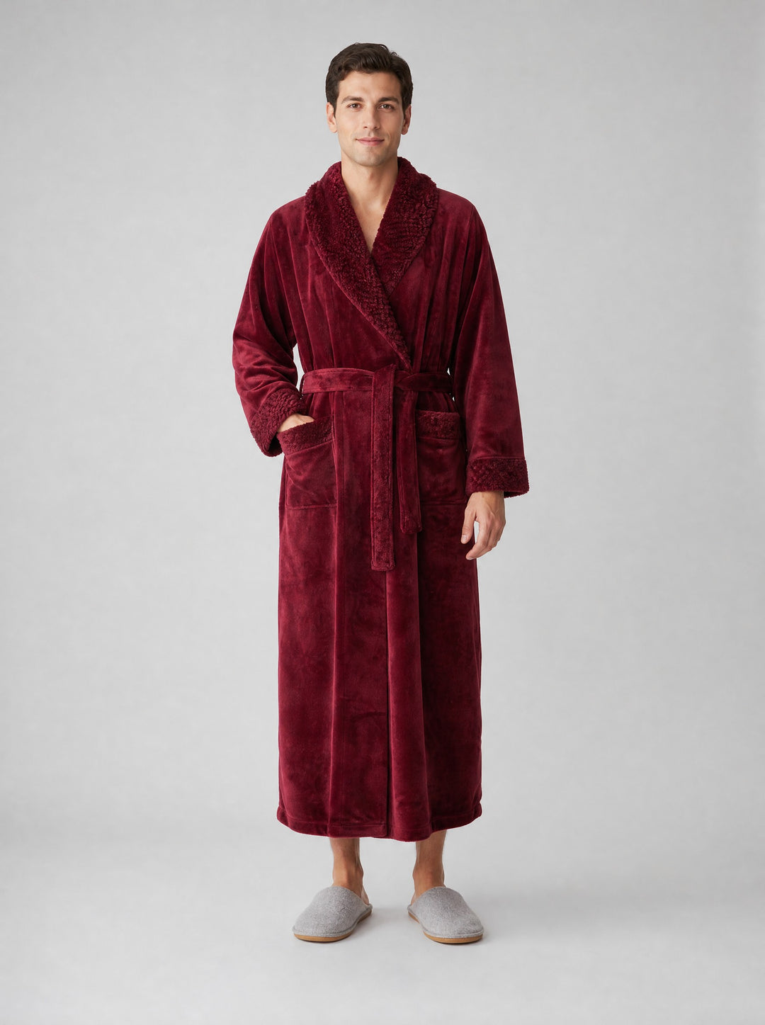 Men's Long Fleece Dressing Gown in burgundy