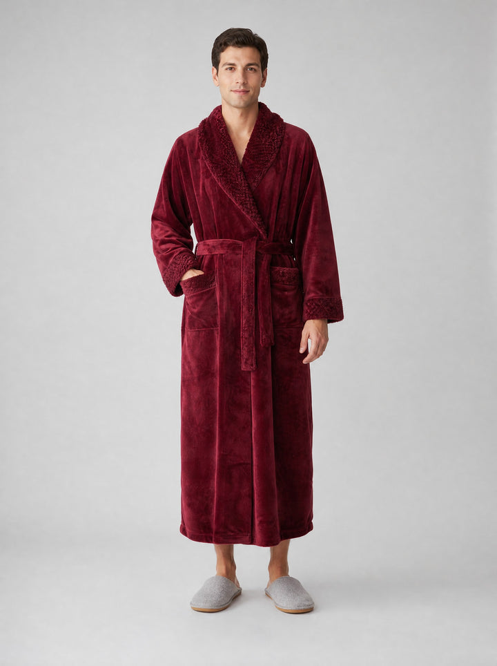 Men's Long Fleece Dressing Gown in burgundy