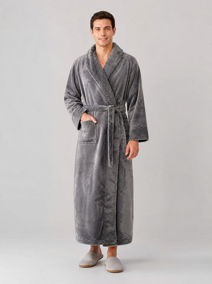 Men's Long Fleece Dressing Gown in grey