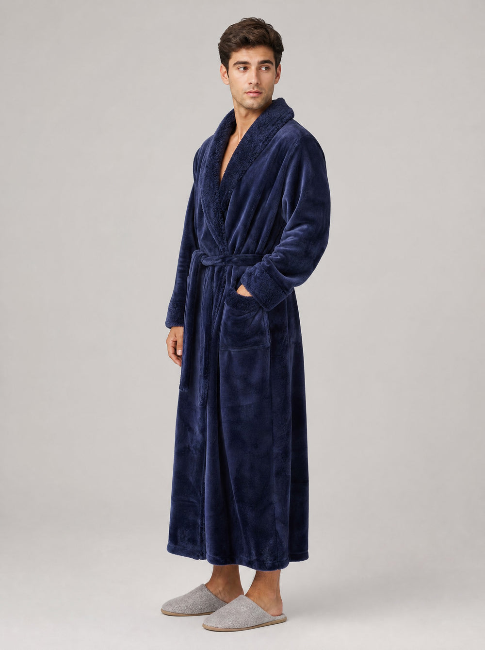 Men's Long Fleece Dressing Gown in navy