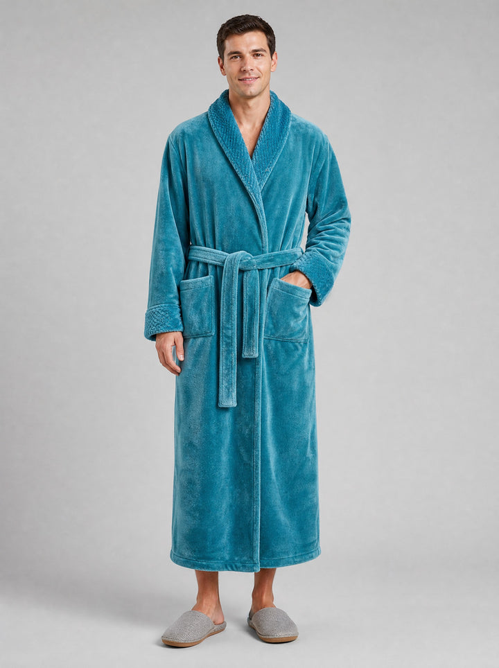 Men's Long Fleece Dressing Gown in teal