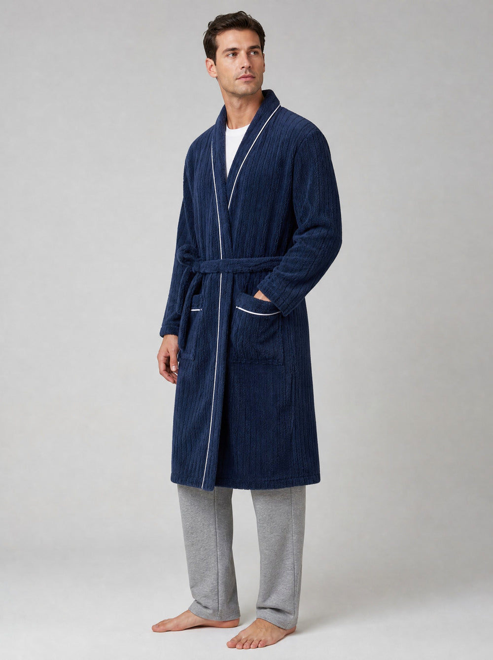 Men's Ribbed Fleece Dressing Gown in navy