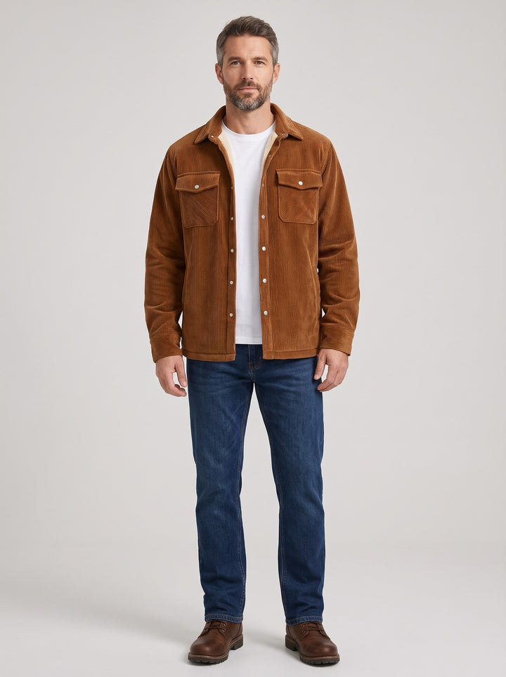 Men's Fleece Lined Corduroy Shirt Jacket in brown