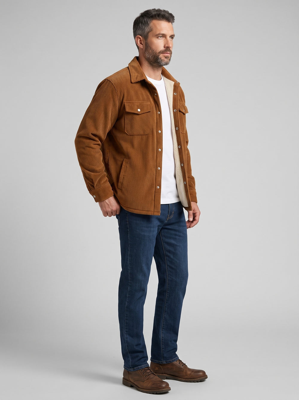 Men's Fleece Lined Corduroy Shirt Jacket in brown