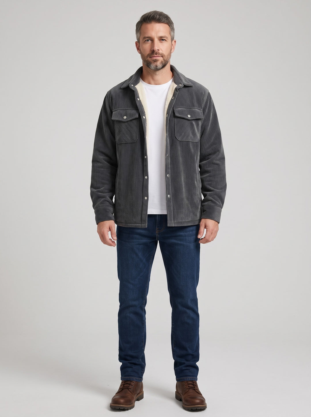 Men's Fleece Lined Corduroy Shirt Jacket in dark grey