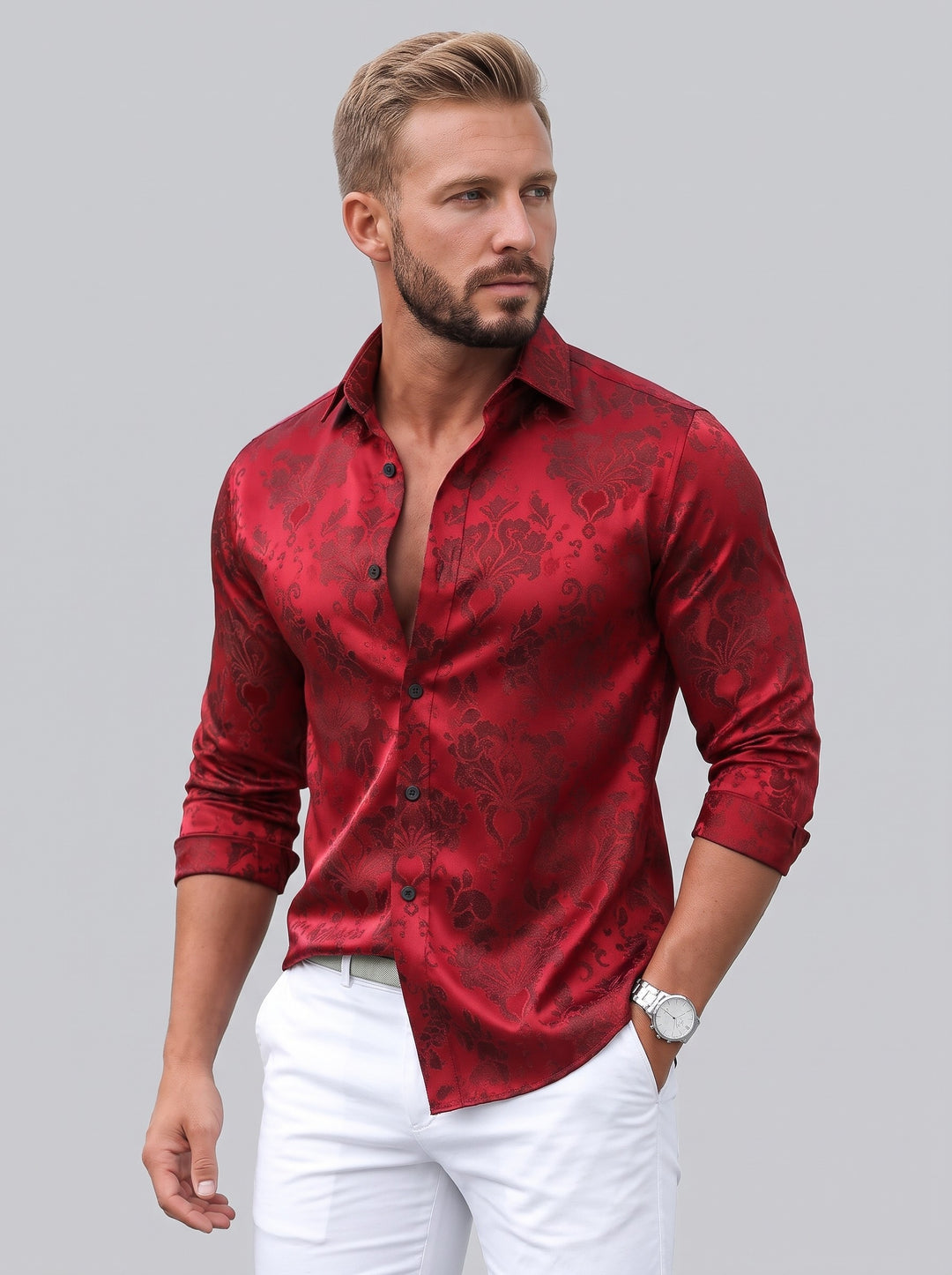 Men's Red Floral Jacquard Dress Shirt in red