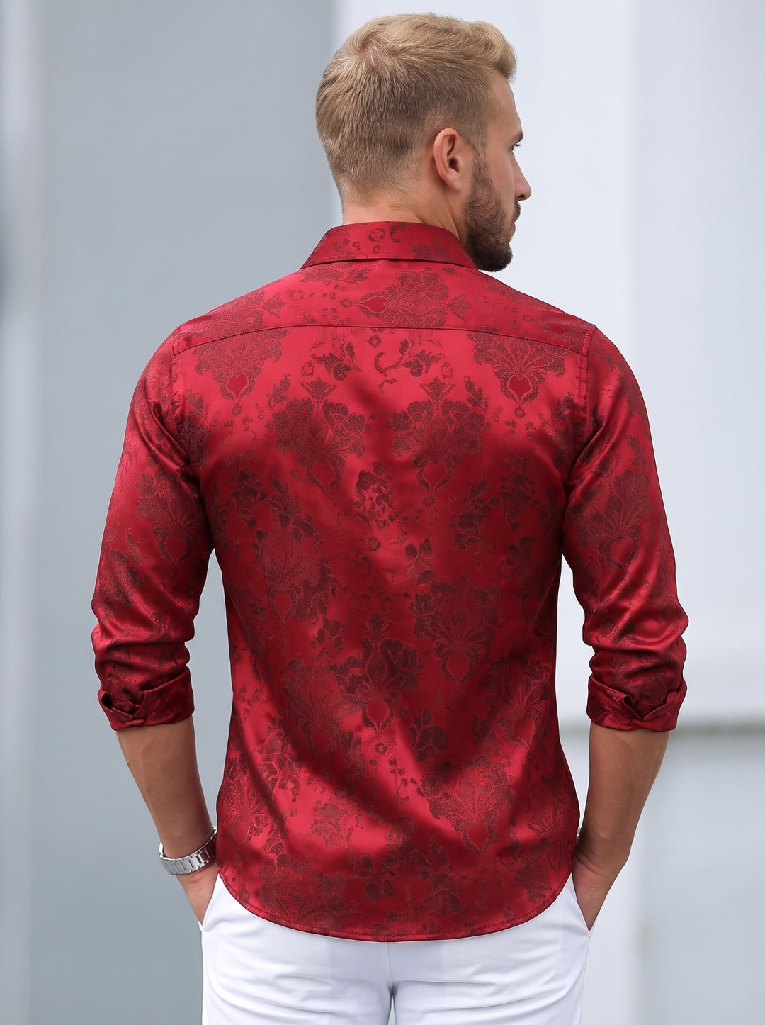 Men's Red Floral Jacquard Dress Shirt in red
