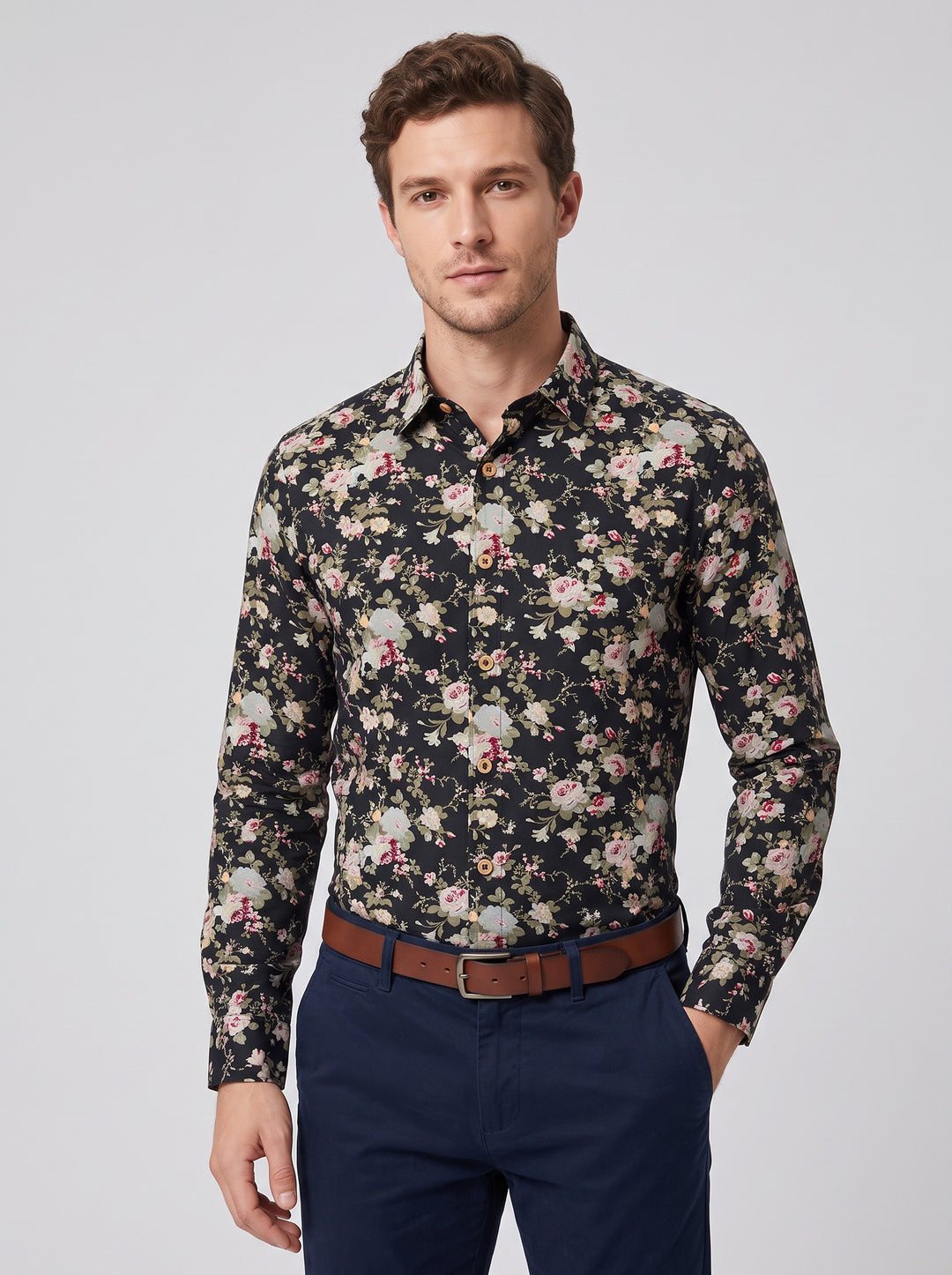 Men's Floral Print Long Sleeve Shirt in black floral