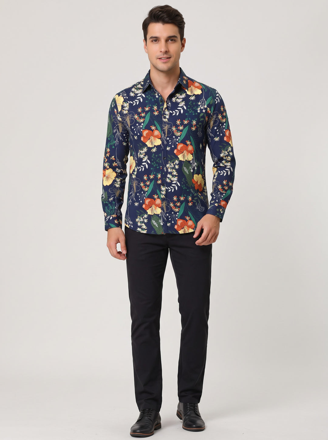 Men's Slim Fit Bold Floral Print Shirt in navy