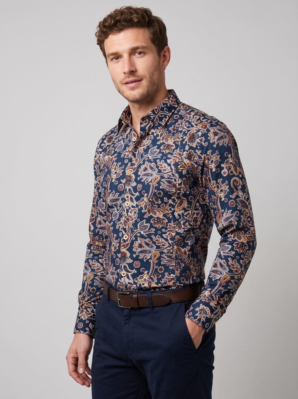 Men's Floral Print Long Sleeve Shirt in navy floral
