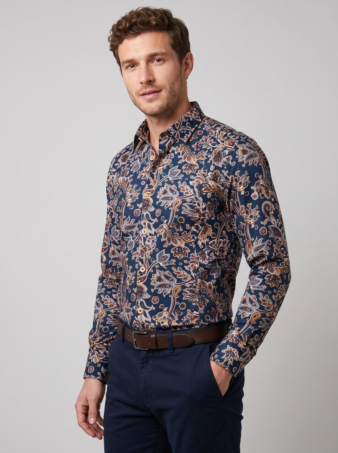 Men's Floral Print Long Sleeve Shirt in navy floral