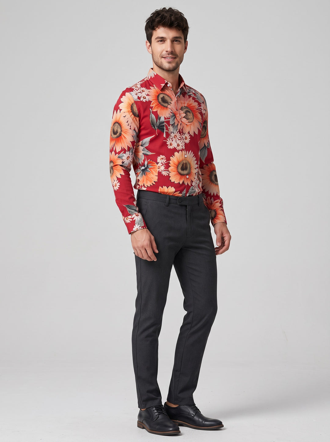 Men's Slim Fit Bold Floral Print Shirt in red