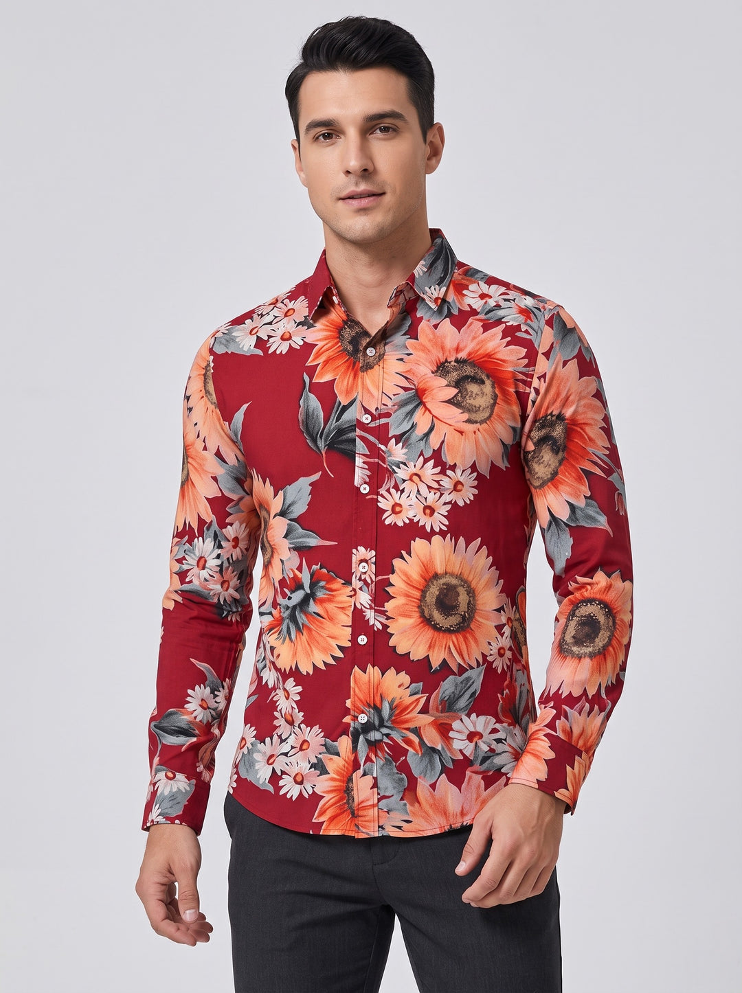 Men's Slim Fit Bold Floral Print Shirt in red