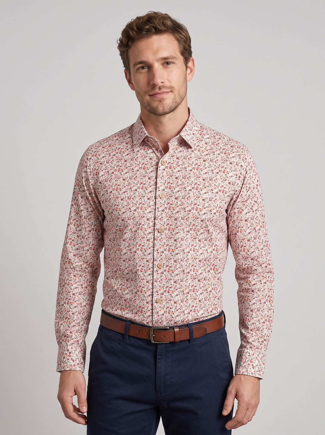 Men's Floral Print Long Sleeve Shirt in red floral