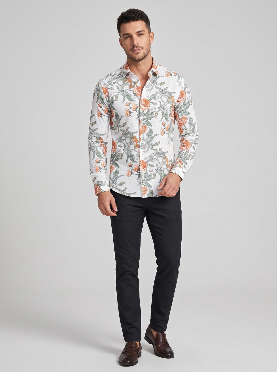 Men's Slim Fit Bold Floral Print Shirt in white