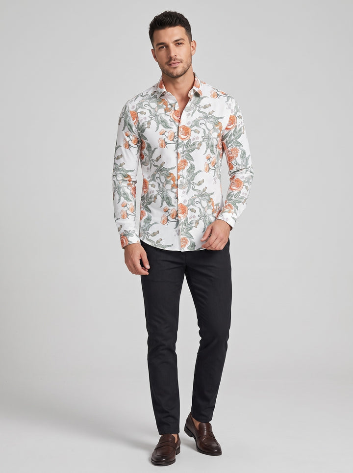 Men's Slim Fit Bold Floral Print Shirt in white