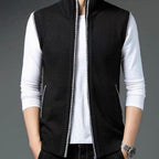 Men's sleeveless textured cardigan vest with stand collar and front zip