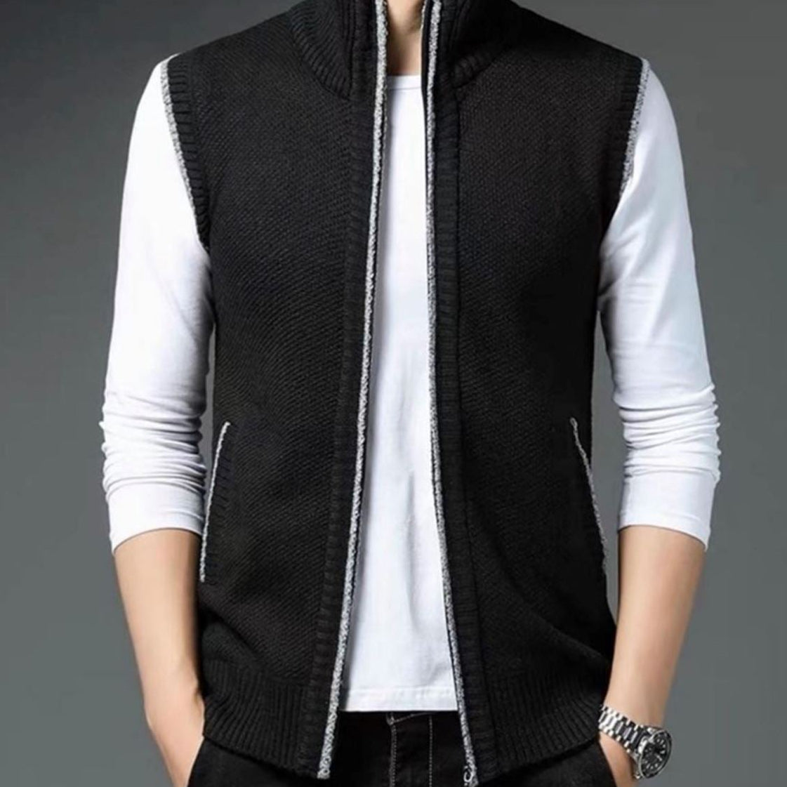 Men's sleeveless textured cardigan vest with stand collar and front zip