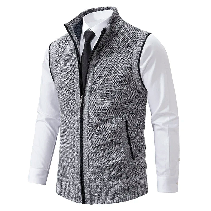 Men's sleeveless textured cardigan vest with stand collar and front zip