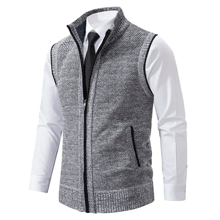 Men's sleeveless textured cardigan vest with stand collar and front zip