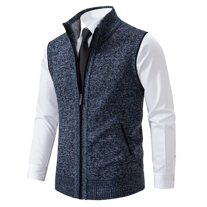 Men's sleeveless textured cardigan vest with stand collar and front zip