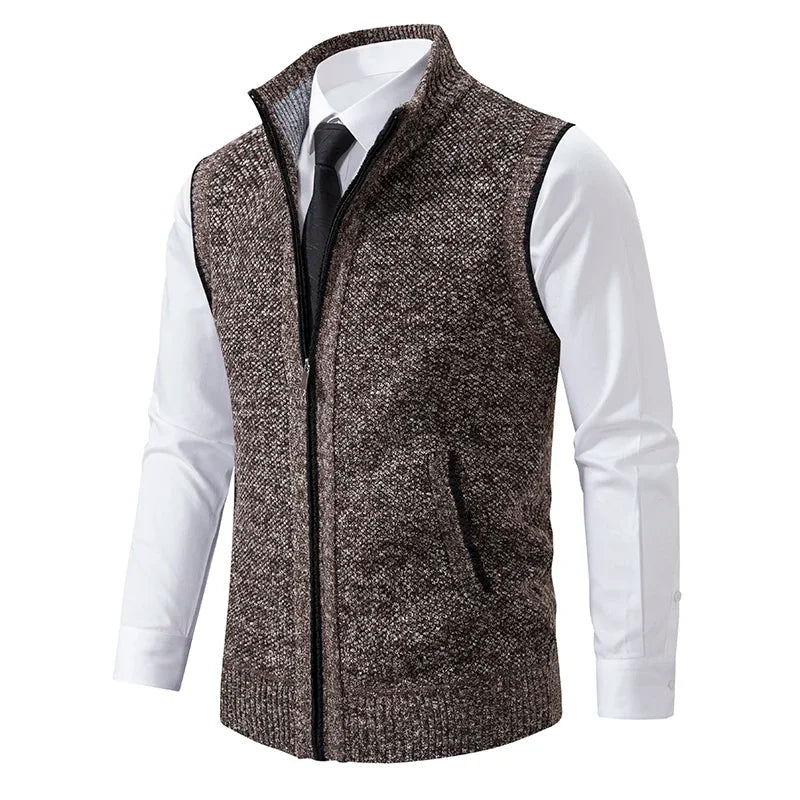 Men's sleeveless textured cardigan vest with stand collar and front zip